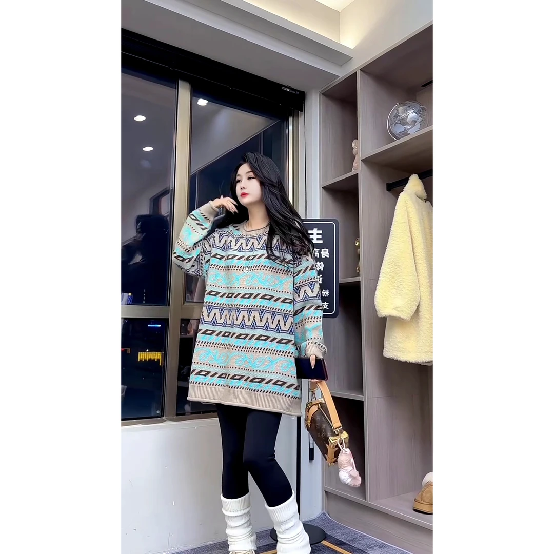 中长款提花圆领套头大版毛衣欧洲站2025年冬季新款复古风毛衣