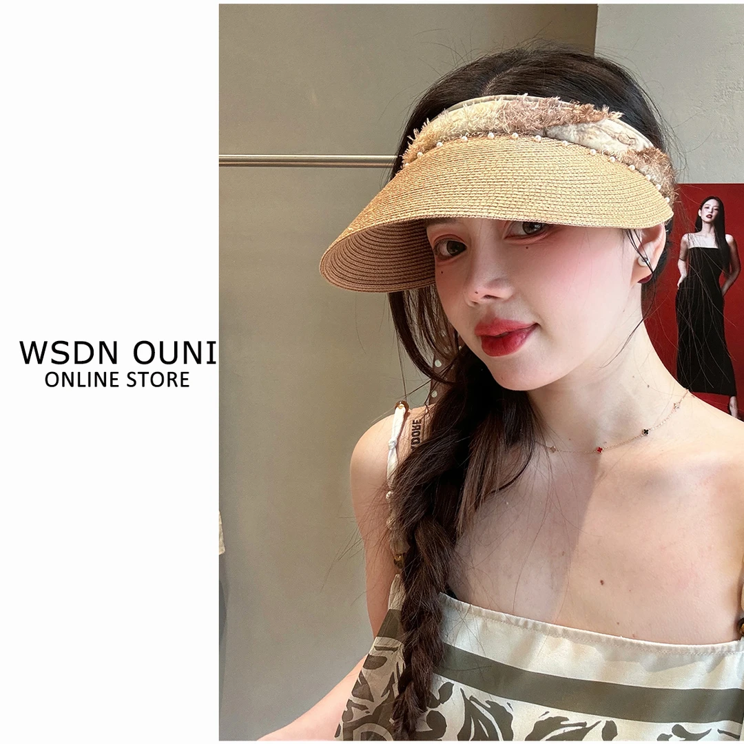 【台湾超细辫】草帽女夏季2025新款草编珍珠遮阳帽发箍空顶帽草帽
