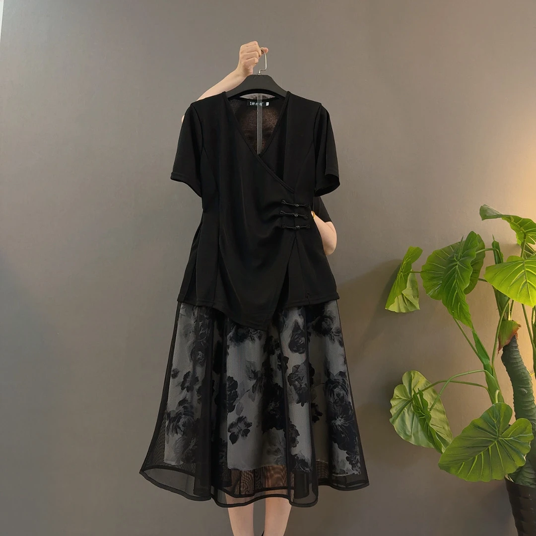 大码女装国风V领侧盘扣短袖上衣红色胖妹妹气质花朵半身裙