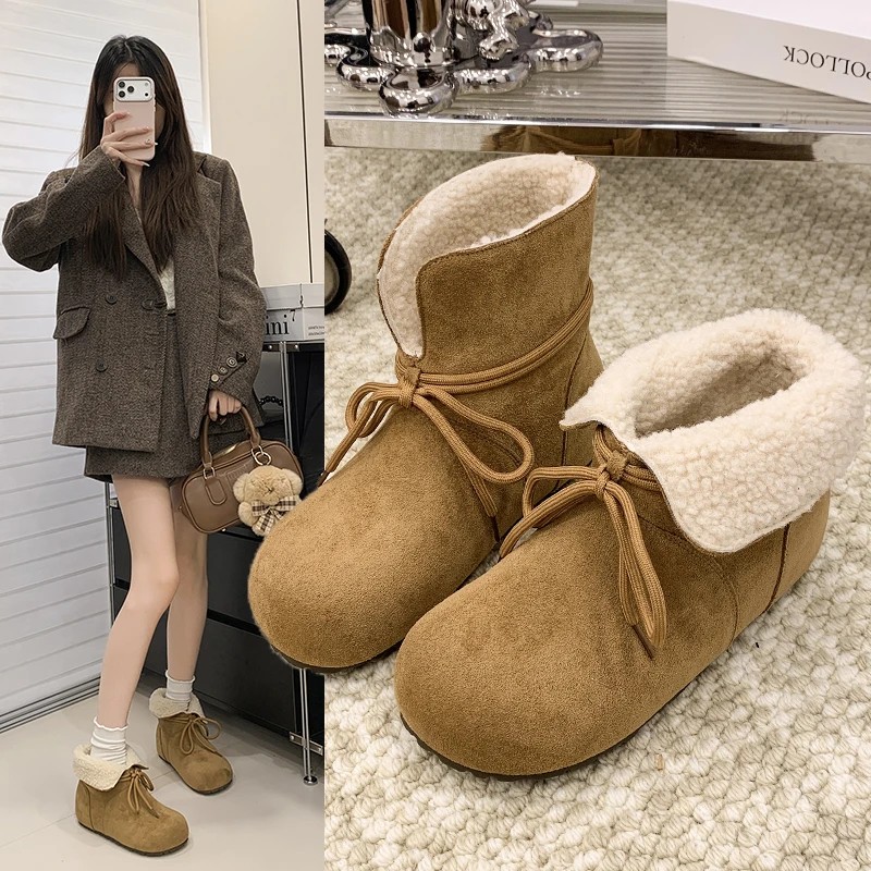 内增高加绒勃肯短靴女2025新款冬季一脚蹬保暖棉鞋翻领两穿雪地靴