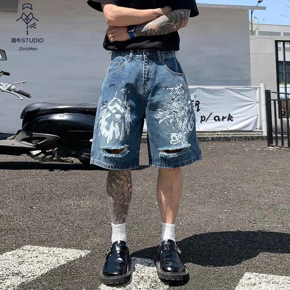 AC潮牌印花夏季新款美式高街vibe独特宽松牛仔五分中裤男水洗街头