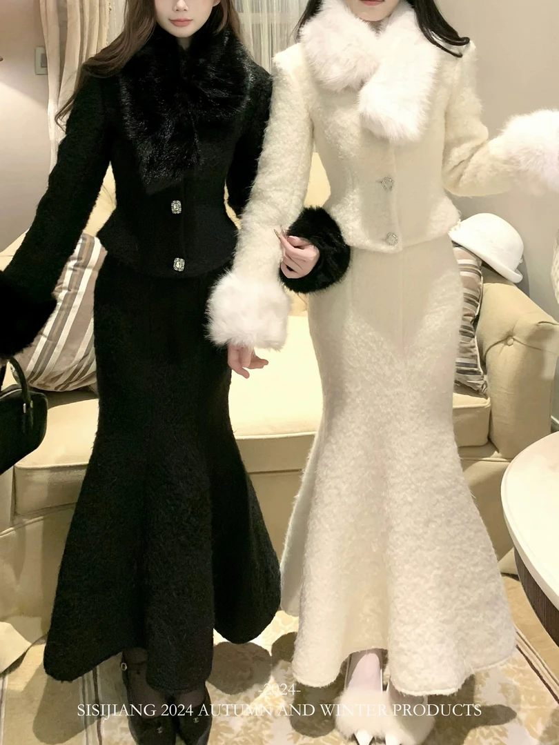 气质名媛赫本风小香风包臀裙时尚套装法式套装网红荷叶边短裙