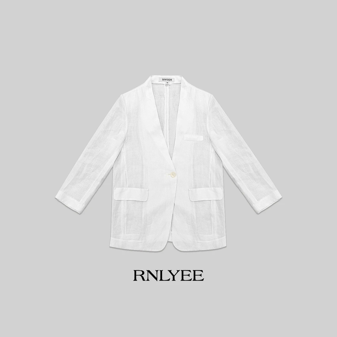 2025年夏秋白色v领苎麻宽松西装外套