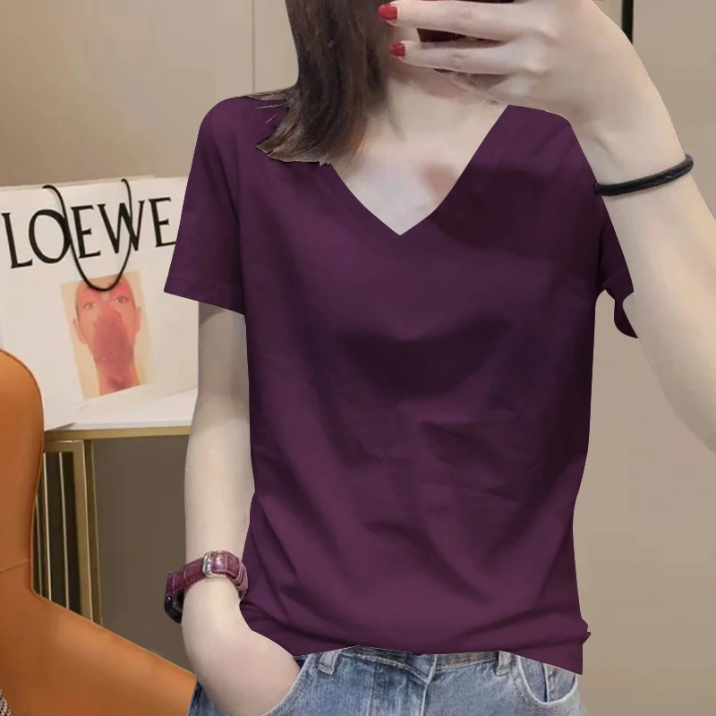 新款白色V领宽松短袖T恤女莫代尔正肩设计冰丝纯色T恤夏季打底衫
