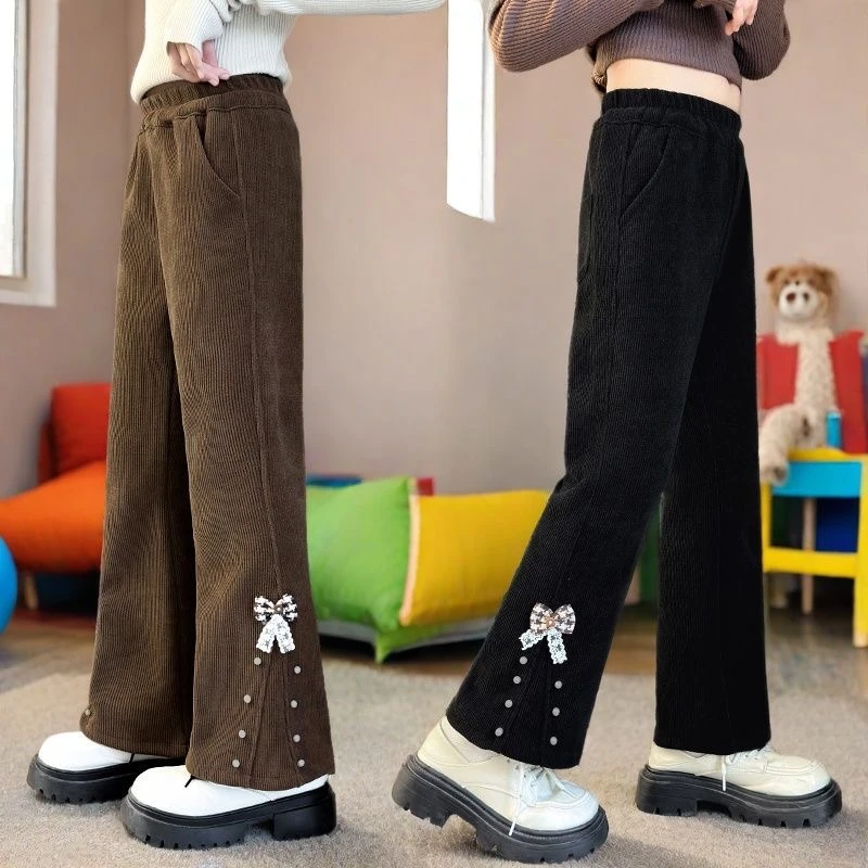 女童加绒裤子秋冬装2025新款儿童女孩冬季微喇叭裤大童加厚一体绒