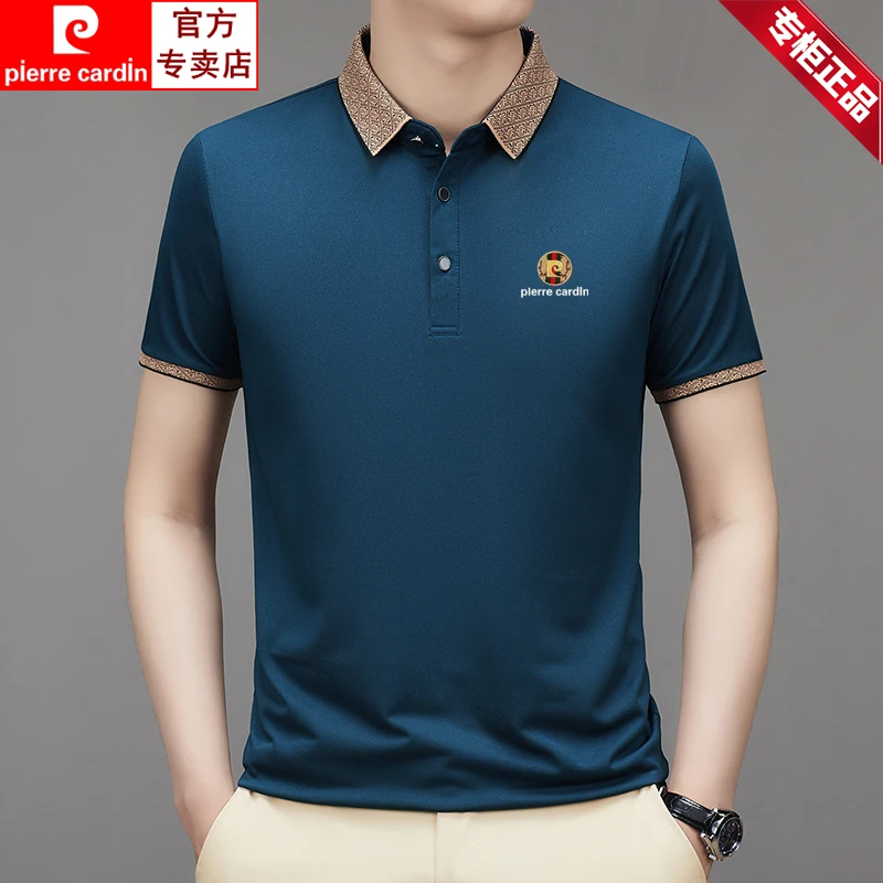 皮尔卡丹高档轻奢桑蚕丝短袖T恤男士夏季薄款半袖中年翻领polo衫
