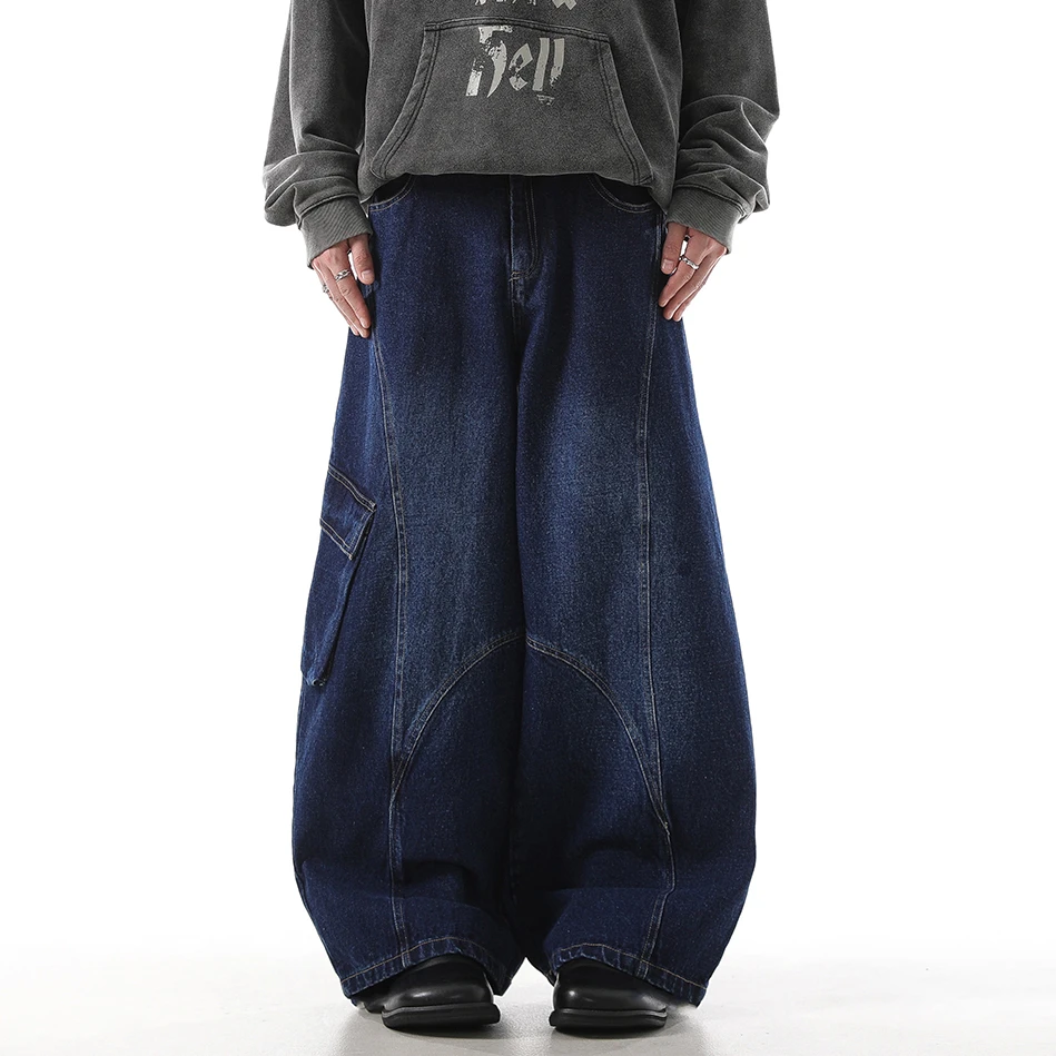 MONOLOGE秋季潮牌弯刀牛仔裤男宽松水洗痞帅长裤设计感工装裤子