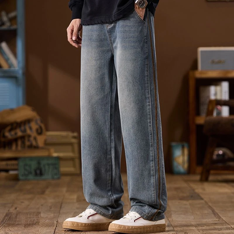 接潮男直筒裤春季男士春秋美式牛仔裤春秋水洗百搭复古阔腿裤宽松