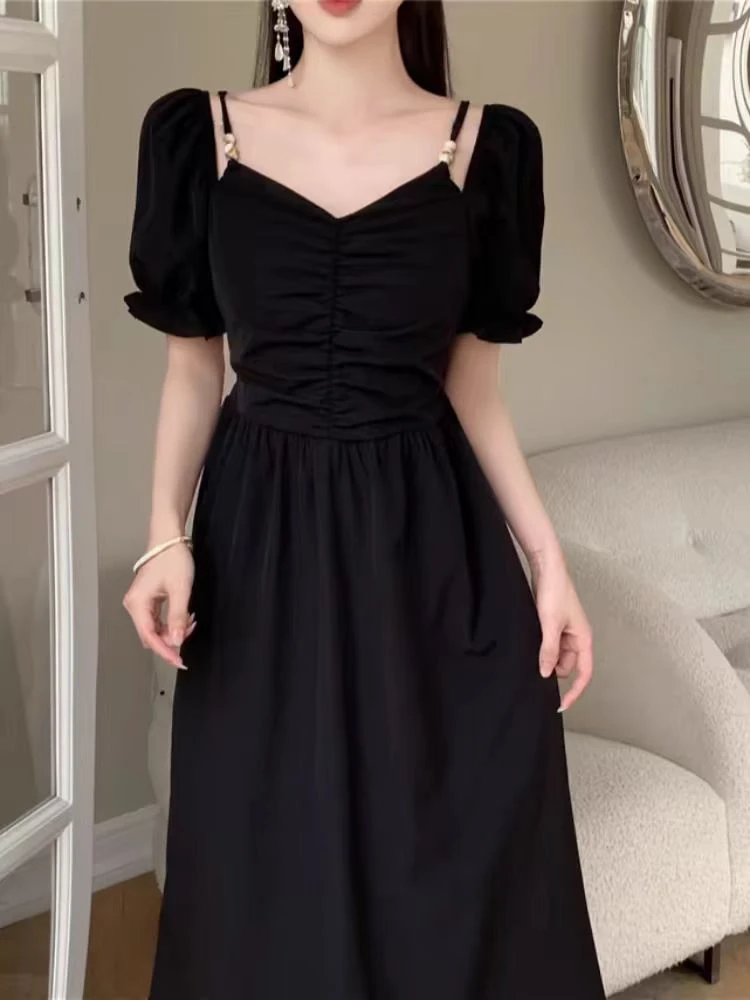 赫本风连衣裙黑色礼服裙夏季新款大码胖mm收腰显瘦法式长裙1803