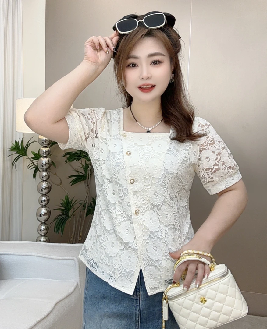 夏季新款大码女装胖mm减龄法式方领蕾丝刺绣显瘦时尚洋气小众短袖