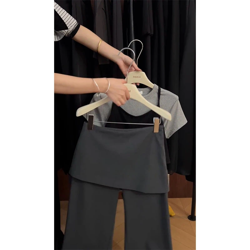 韩系简约时尚短款黑色吊带背心圆领短袖T恤上衣高腰设计感阔腿裤