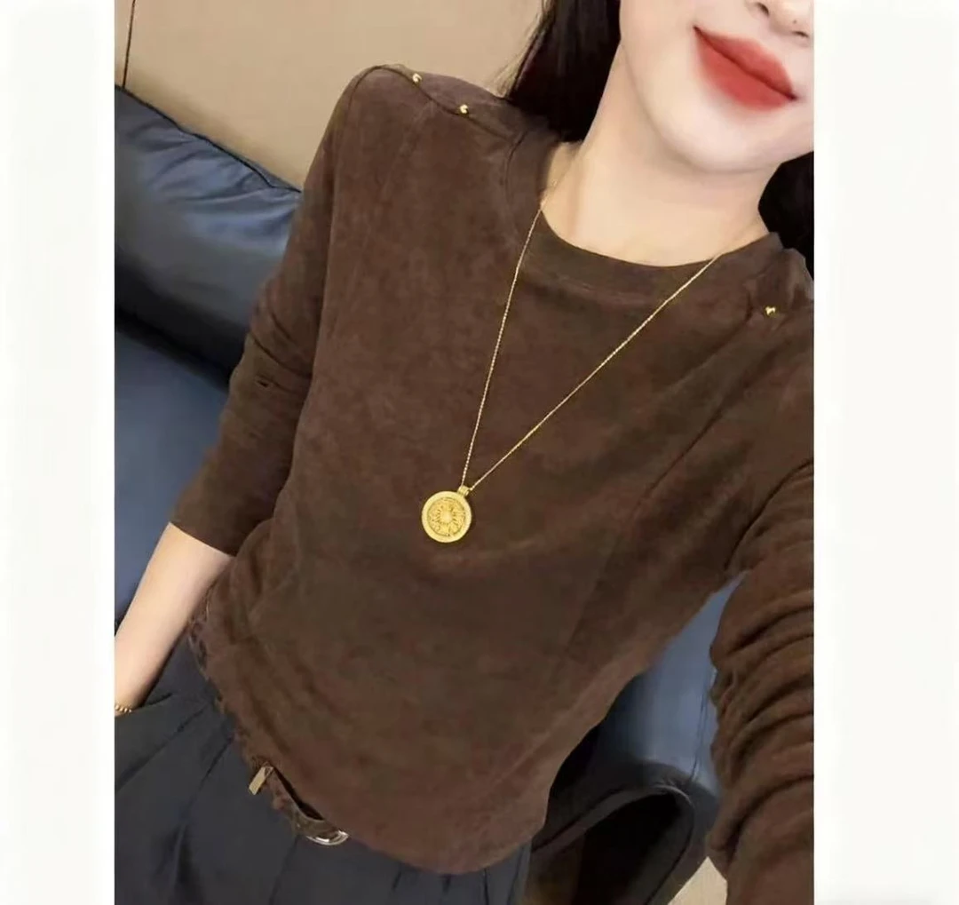 秋冬新款磨毛加绒钉珠法式扎染长袖常规款圆领极简风T恤女染色