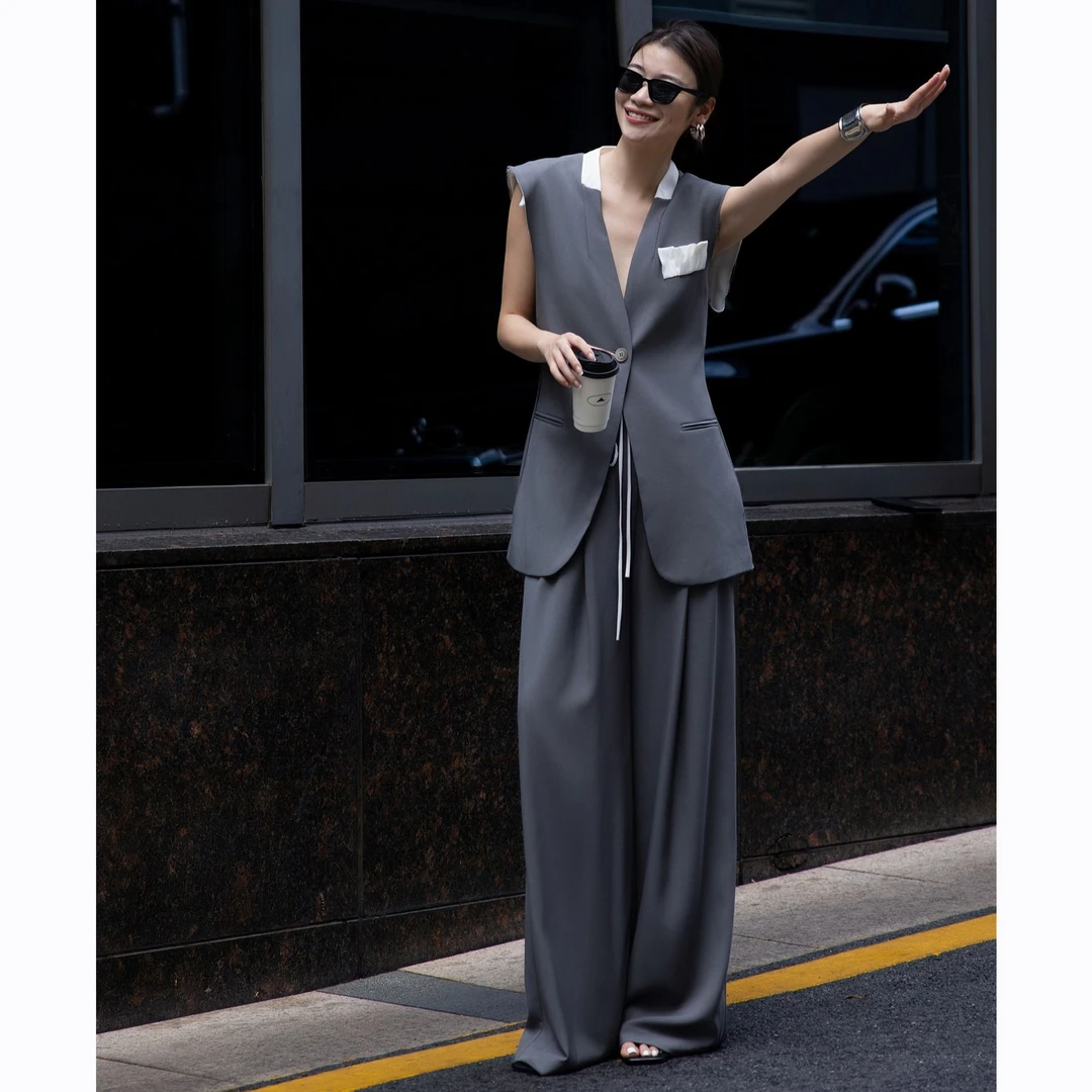 ZEROYK高端通勤职业装夏季新款设计感英伦风撞色马甲阔腿裤两件套