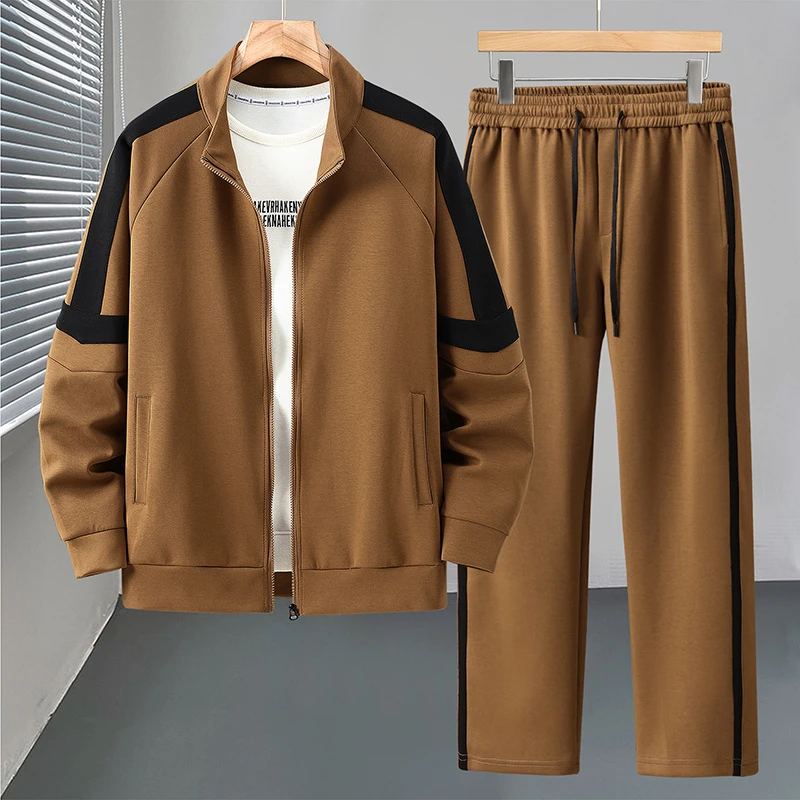 加肥加大码320G重磅曼巴棉立领开衫套装男拼接撞色卫衣长裤套装男