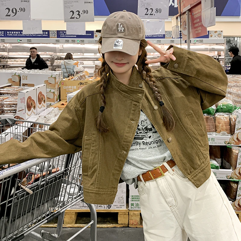 军绿色复古设计感外套女短款2025初春新款小个子休闲时尚立领夹克