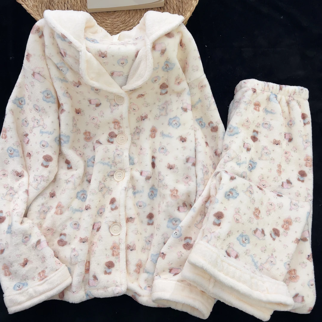 泡芙小狗睡衣女冬季甜美可爱少女加厚新款法兰绒套装可外穿家居服