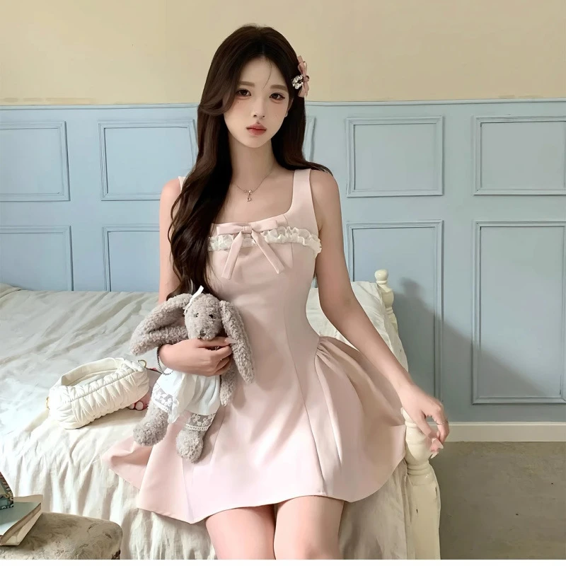 2025夏季新款浅粉色甜美公主花边连衣裙少女收腰蓬蓬裙可爱裙子