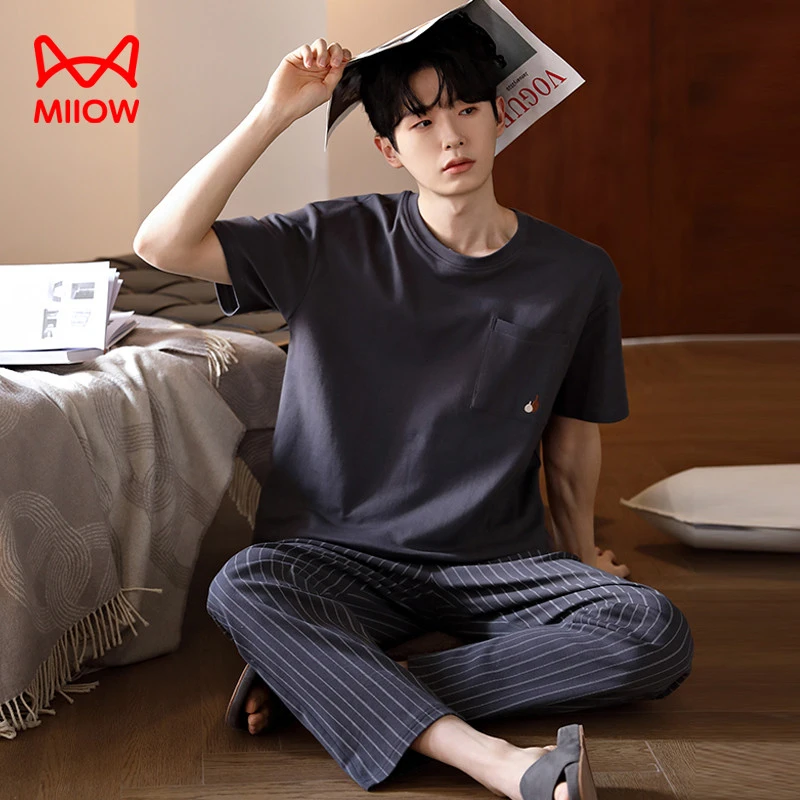 猫人经典夏季睡衣男纯棉短袖圆领套头薄款长裤休闲夏天外穿家居服
