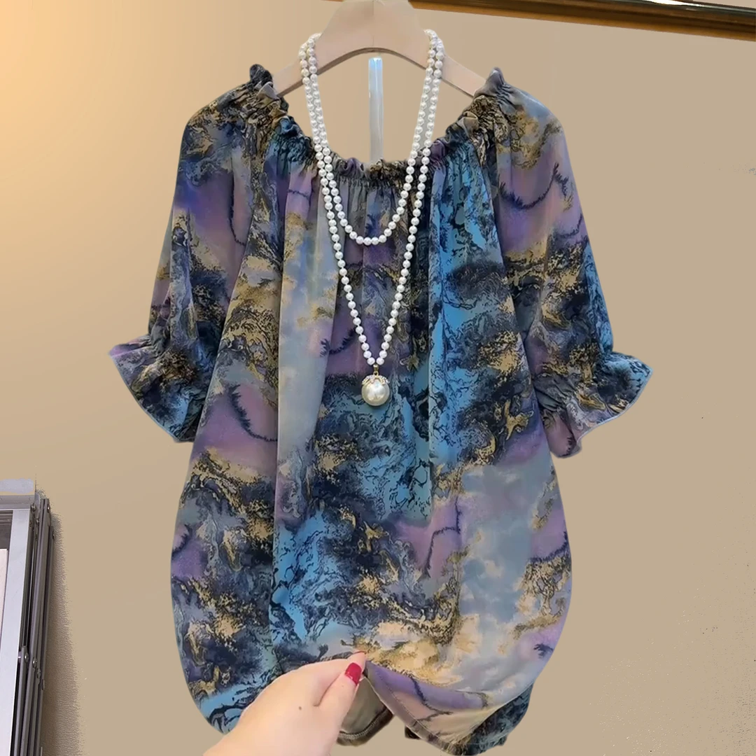 夏季大码女装胖妹妹蓝色水墨晕染一字肩碎花大版遮肉宽松百搭半袖