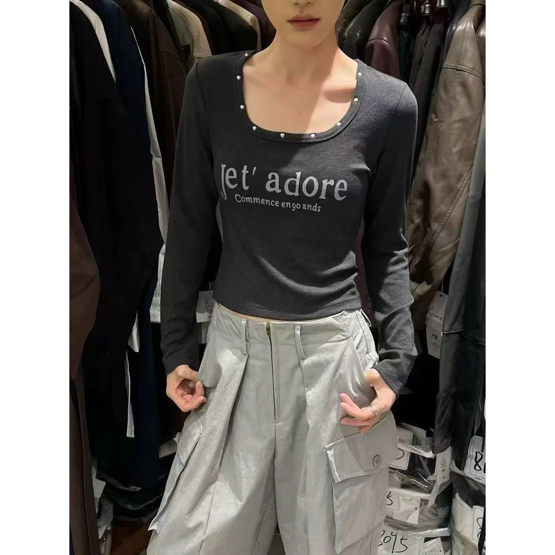 秋冬纯欲辣妹短款u领锁骨打底衫女内搭设计感美式正肩长袖t恤上衣