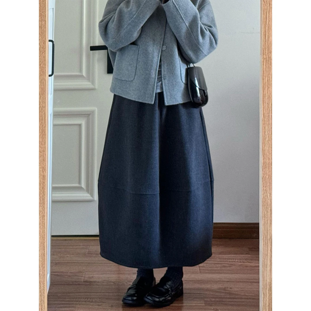 大码灰色毛呢遮肉显瘦半身裙女冬季款梨形身材高腰宽松中长花苞裙