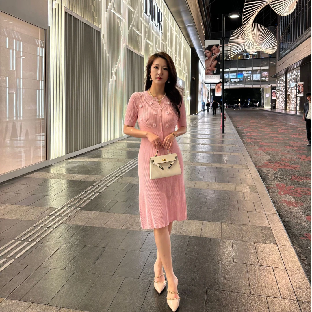 法式圆领小香风针织夏季高腰连衣裙修身气质显瘦名媛圆领【小香】