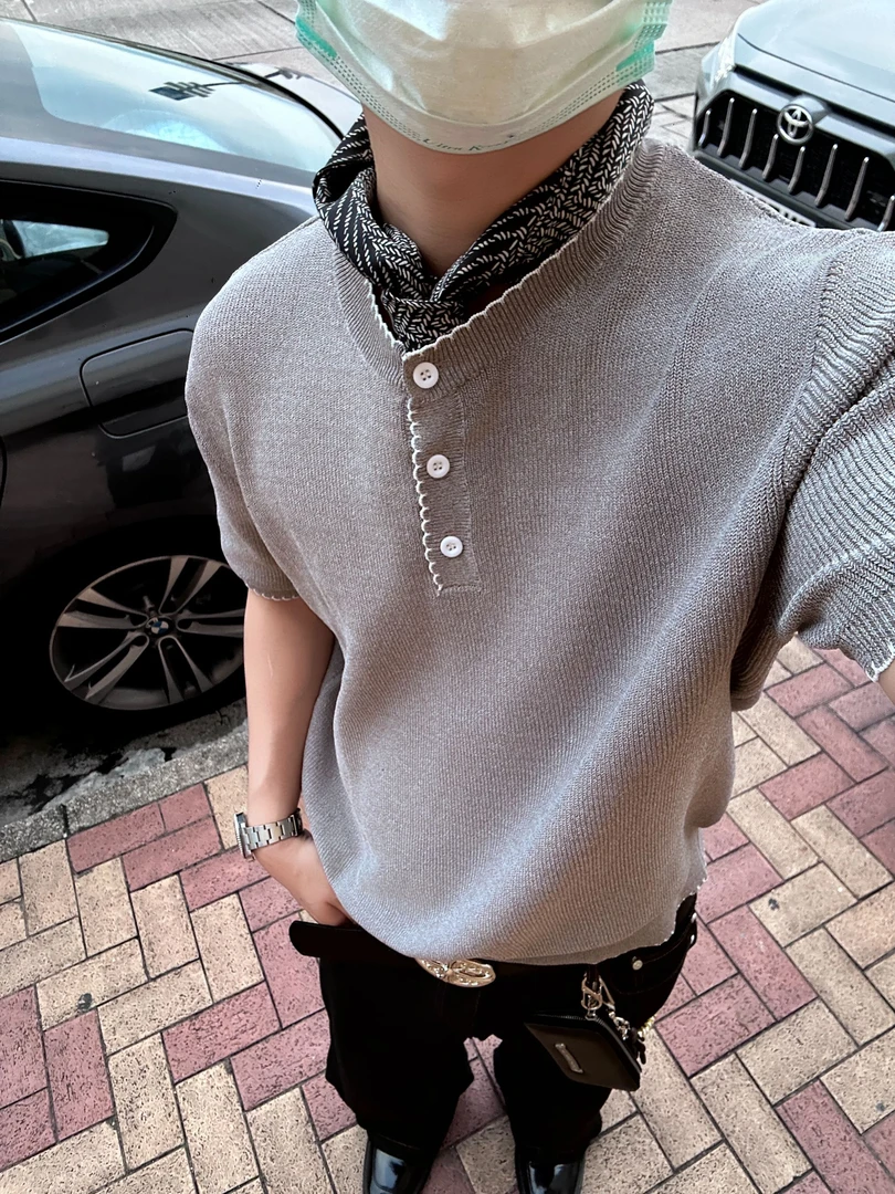 K12 2025美式复古手缝亨利领短袖T恤男痞帅高级感小众上衣情侣潮