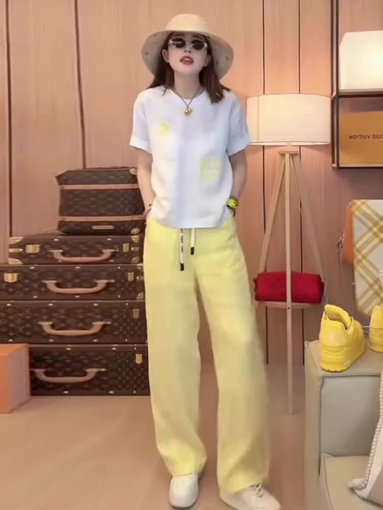 设计感贴布绣亚麻微透圆领短袖T恤女2025夏季新款百搭休闲上衣