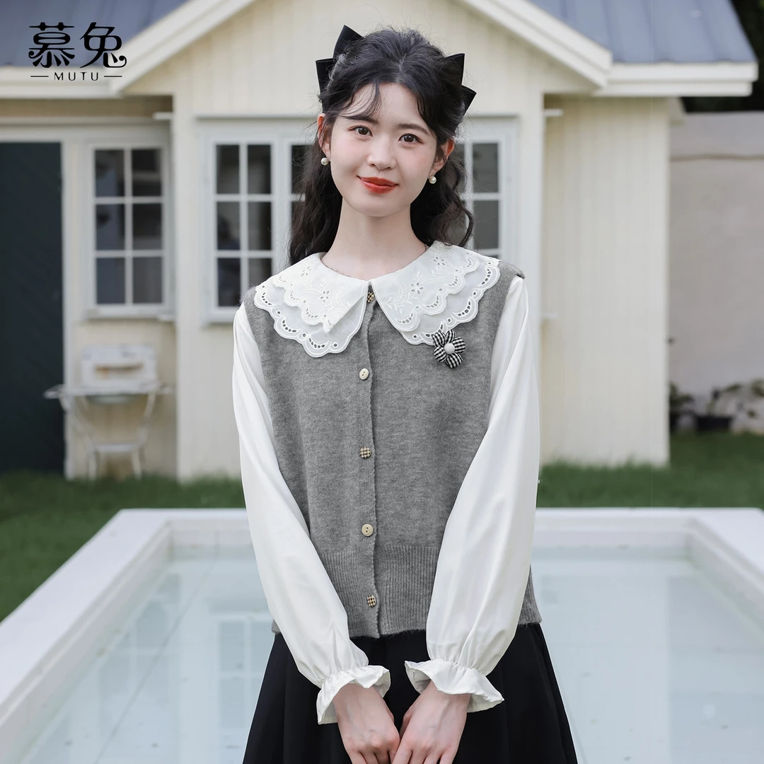 【小铃铛】TU28612娃娃领长袖衬衫针织马甲背心两件套韩系上衣套装