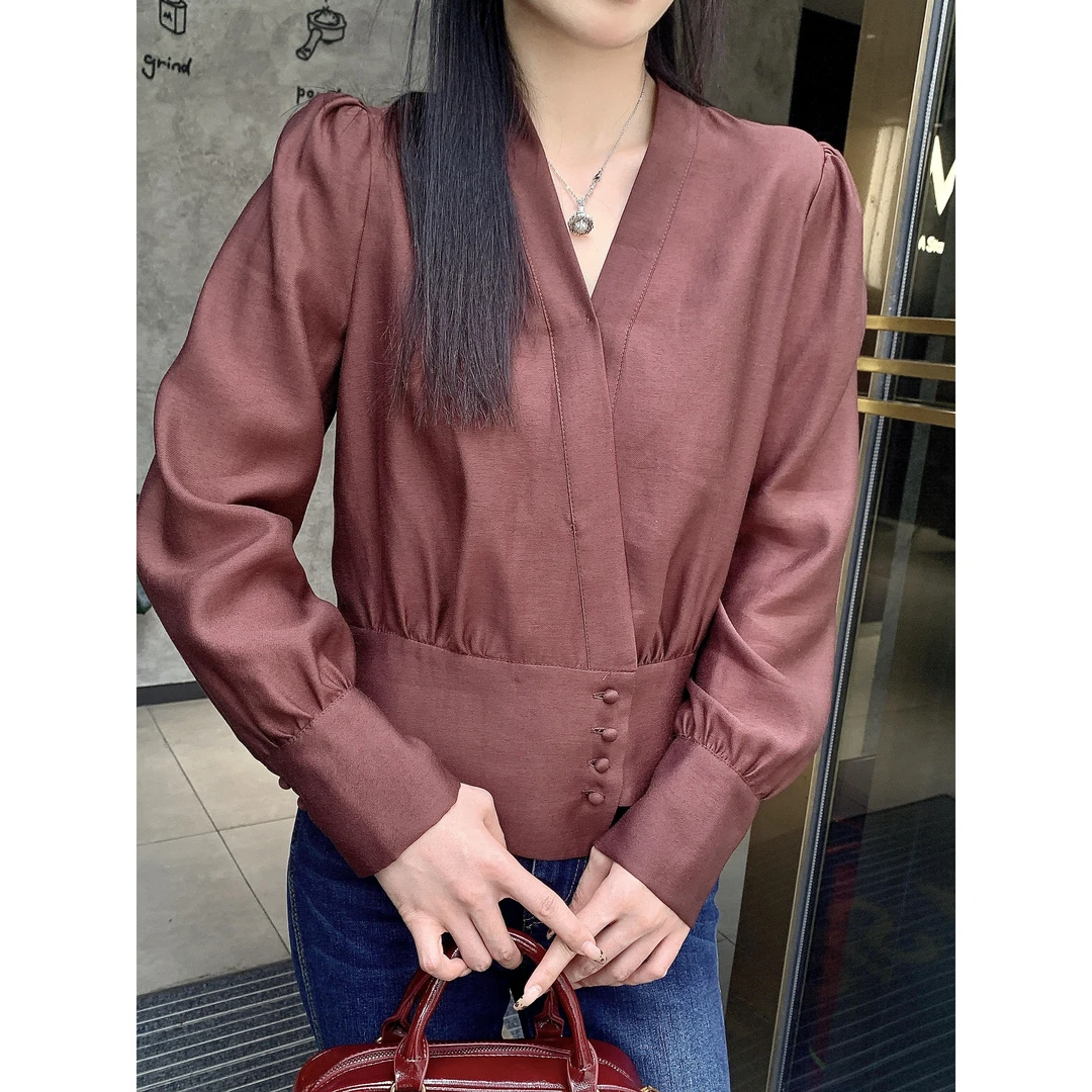 KIKI严选：72130-多米家欧洲站南油秋冬新款时尚V领泡泡袖衬衫