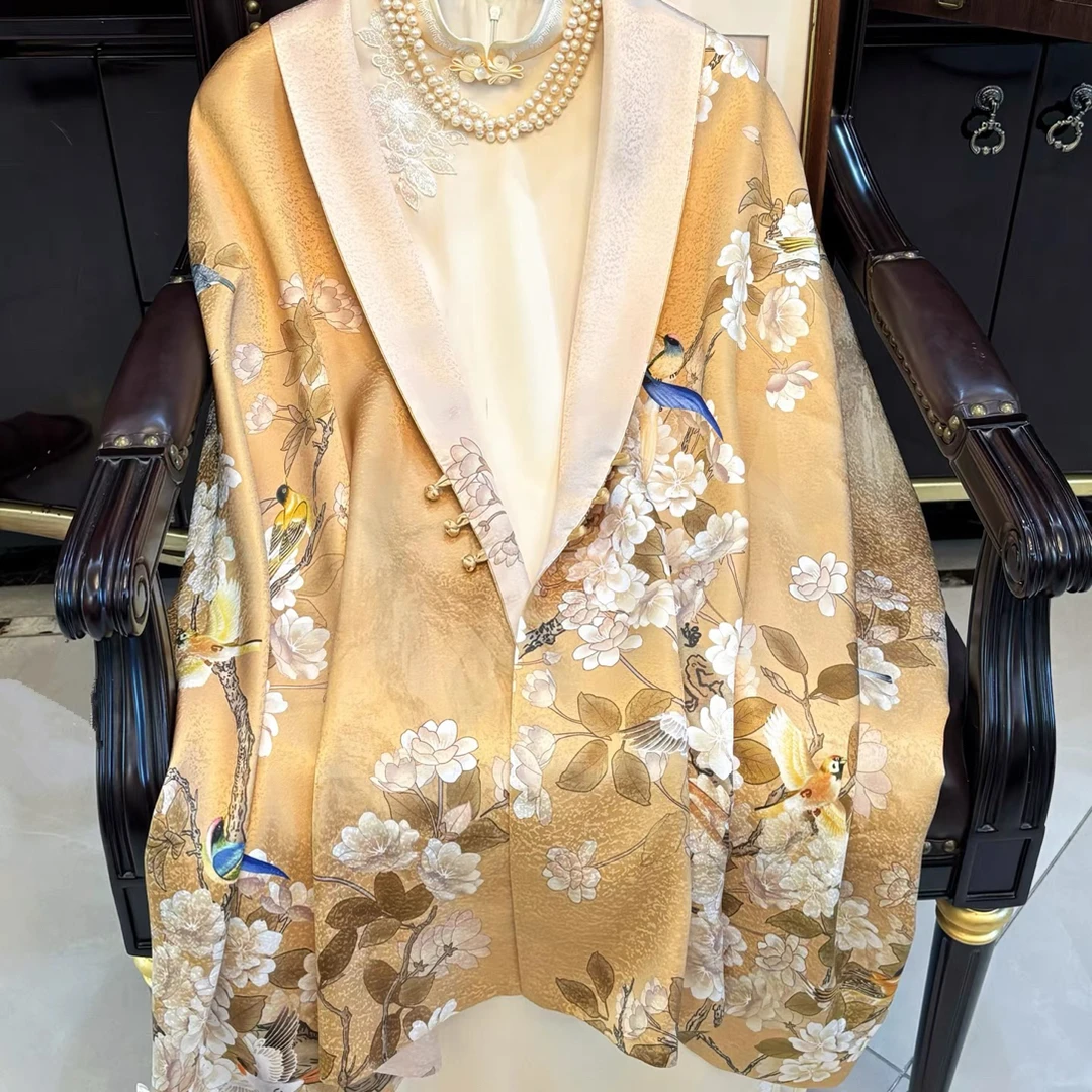 中式国风双层双面雪花缎真丝丝巾新款桑蚕丝盘扣披肩旗袍外搭围巾