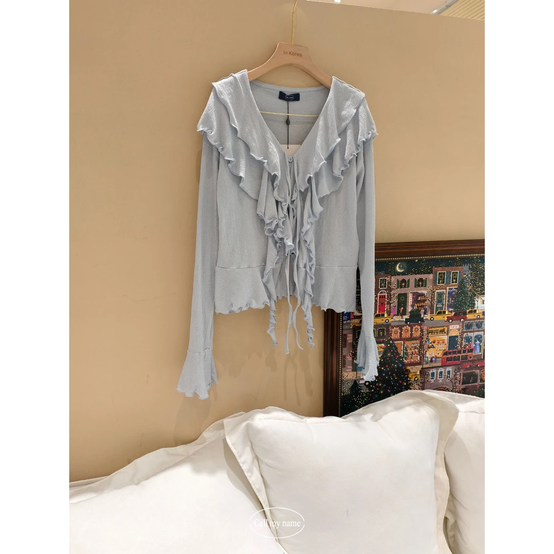 韩国代购. Call my name水蓝荷叶开衫L25042625