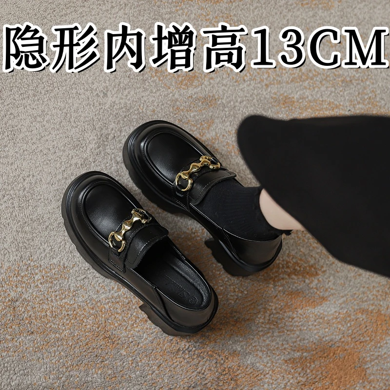 乐福鞋女2025年新款内增高厚底真皮高跟黑色英伦风小皮鞋女小码