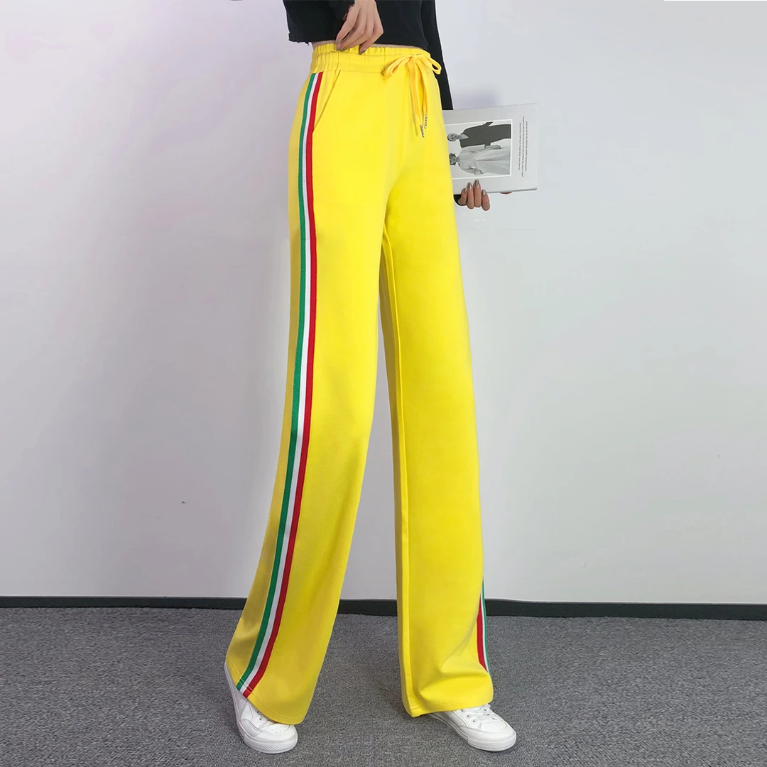 黄色裤子女夏季薄款条纹爆款显瘦卫裤女新款宽松直筒阔腿裤春秋