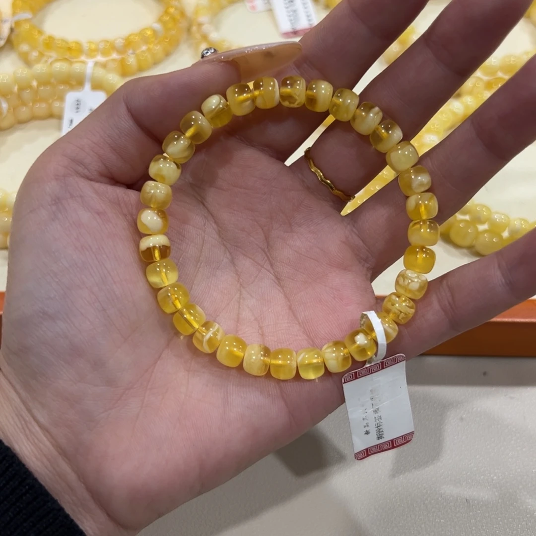 蜜蜡未镶嵌手链7m金白透孤品