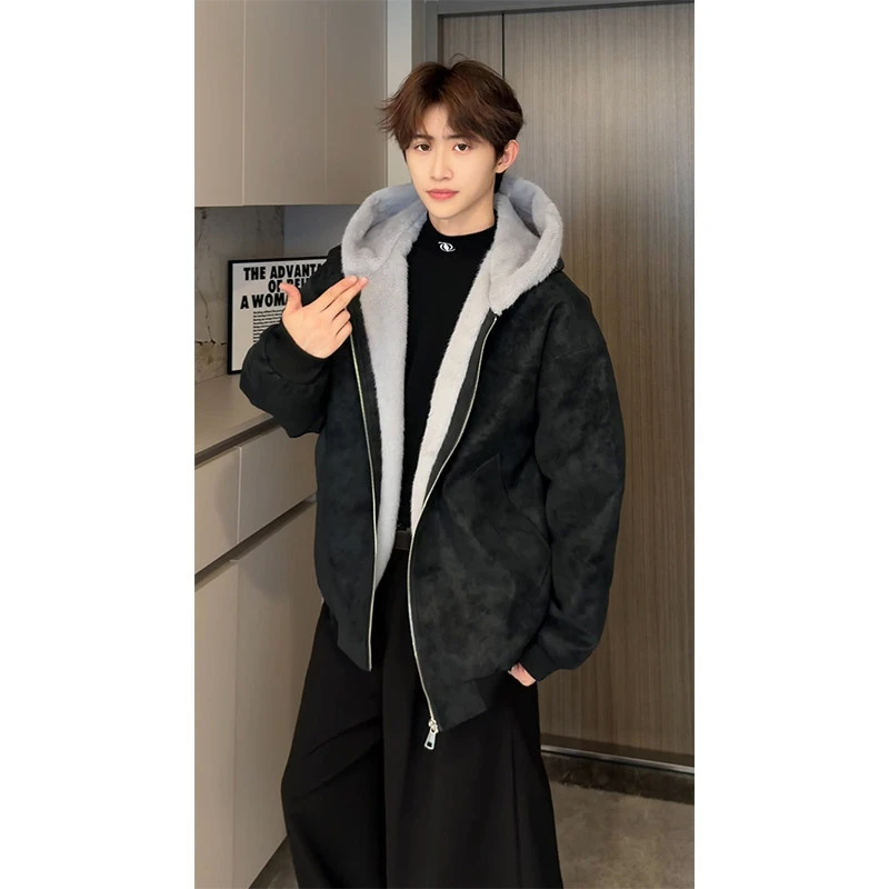 荔枝纹皮座山雕毛连帽棉服男女同款保暖棉衣休闲加厚秋冬皮毛一体