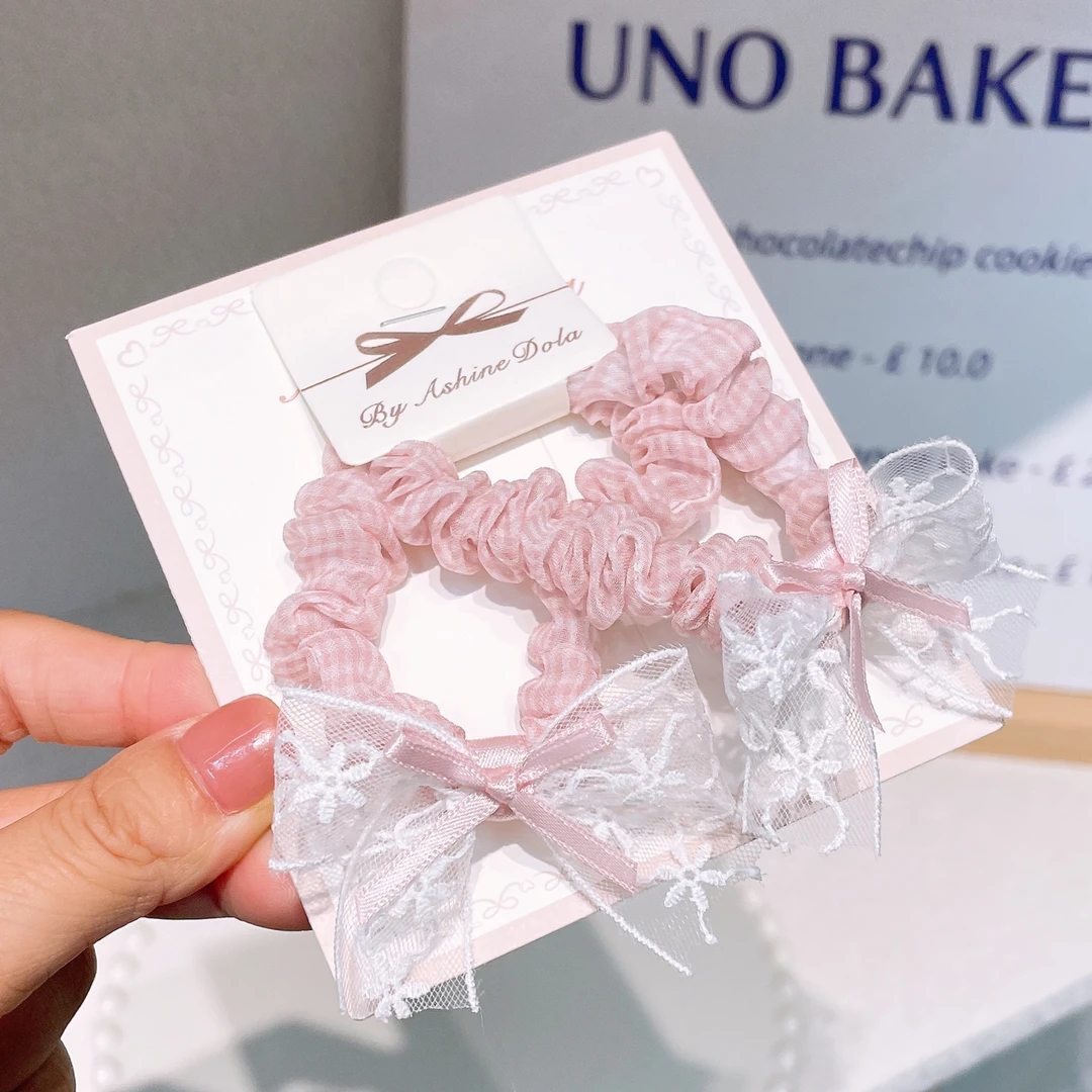 A-8633（满10米飞）dl 2个粉色蝴蝶结蕾丝布艺格子丸子头肠圈  发圈