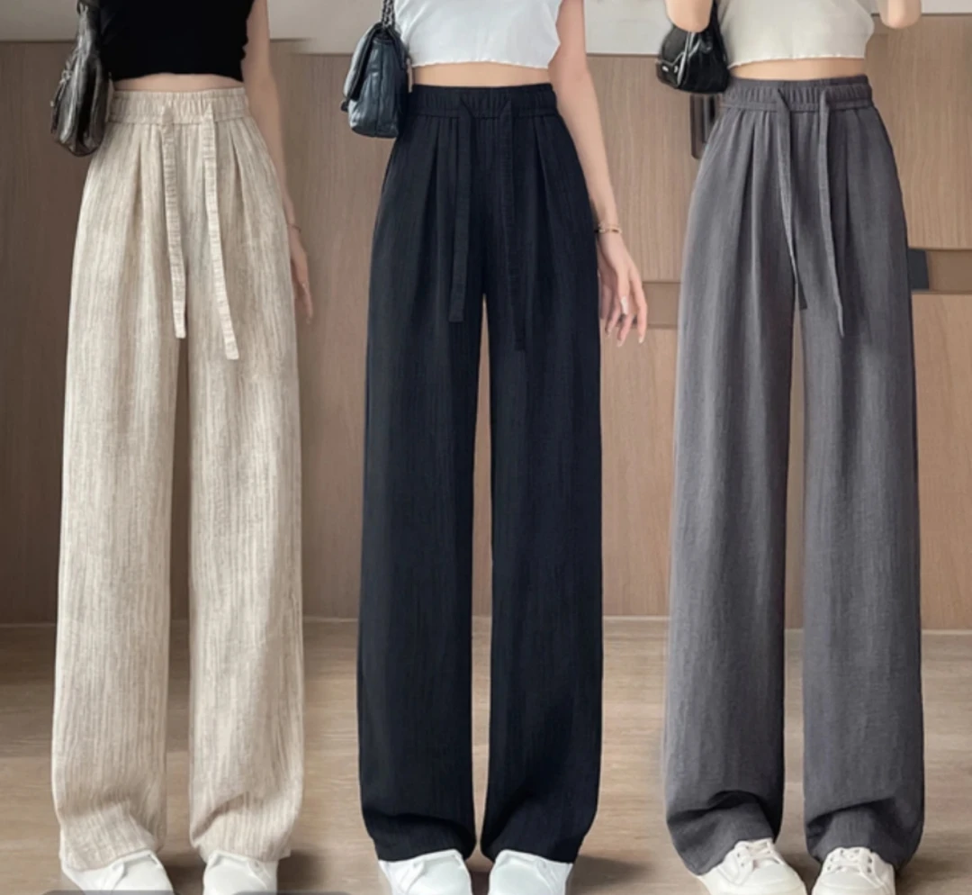 2025新款冰丝阔腿裤女夏季高腰抽绳肌理感慵懒美式休闲拖地裤子