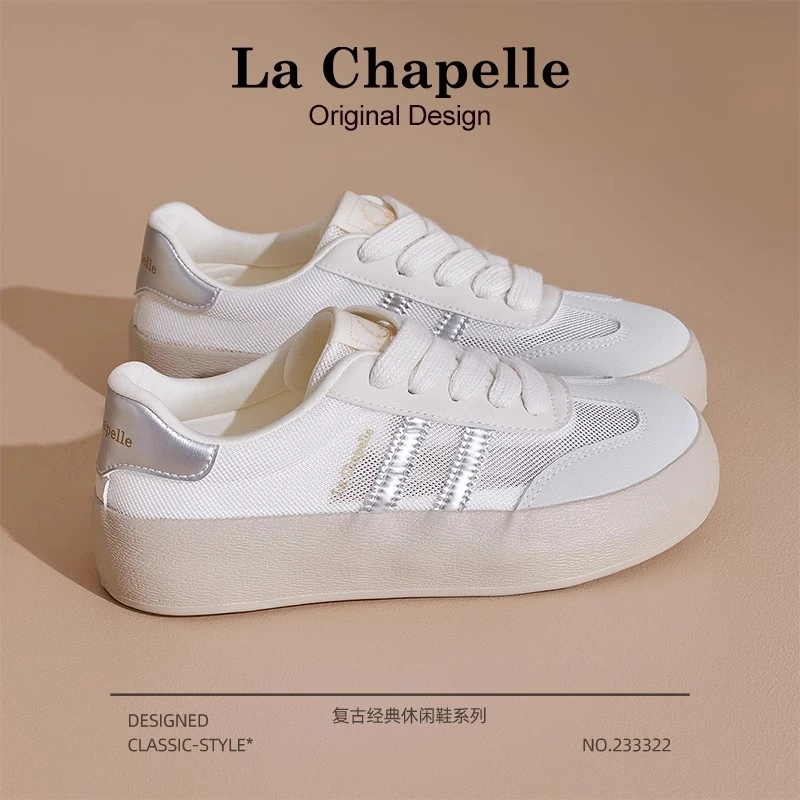 拉夏贝尔网面德训鞋女2025新款冬季厚底薄款小白鞋运动透气板鞋女