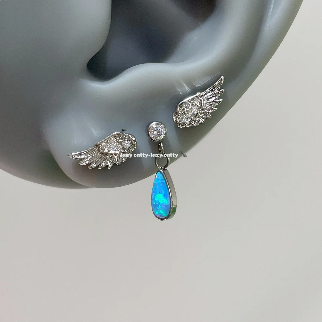 钛钢耳饰 独特设计翅膀耳钉双耳洞组合叠戴耳骨钉钛钢个性耳饰女