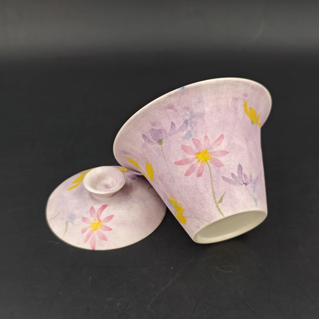 古典油画紫茶器 创意手作陶瓷 仿古治愈茶器花繁路野盖碗