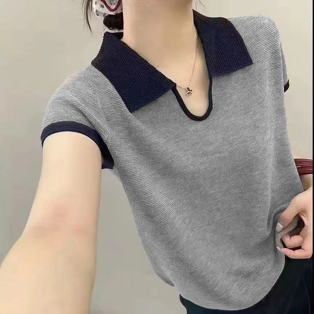 法式polo领撞色针织短袖上衣女2025夏季时尚设计感小众别致短款