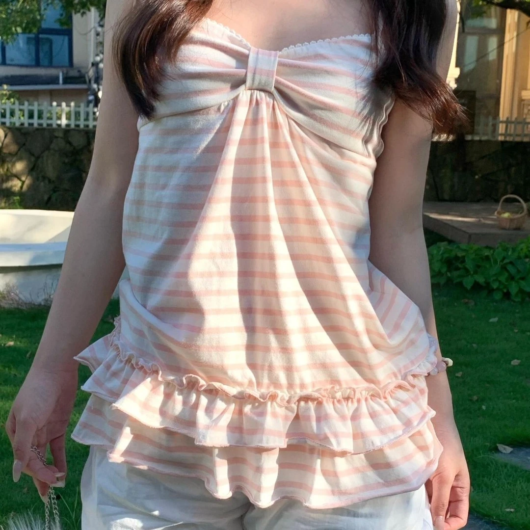 日系古早条纹纯欲少女吊带夏季甜美家居服蝴蝶结软妹甜辣背心上衣