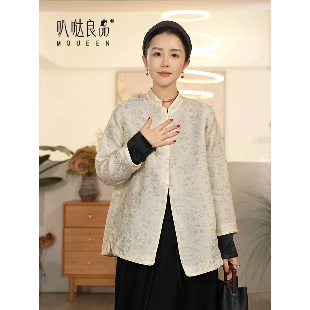 【叭哒不惑】栀子花 桑蚕丝提花浮雕新中式圆领衬衫外套女气质上衣