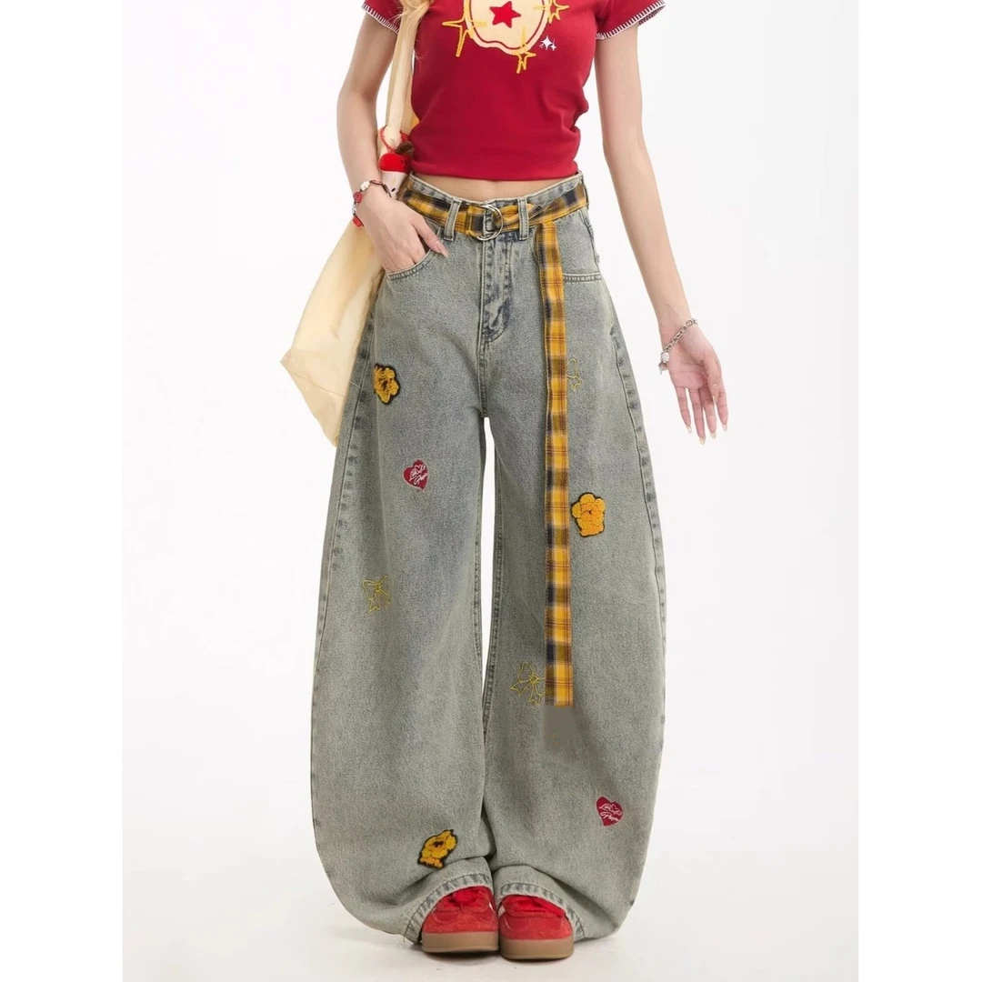 送腰带复古牛仔裤女夏季创意植绒花朵格子刺绣直筒垂感阔腿裤子