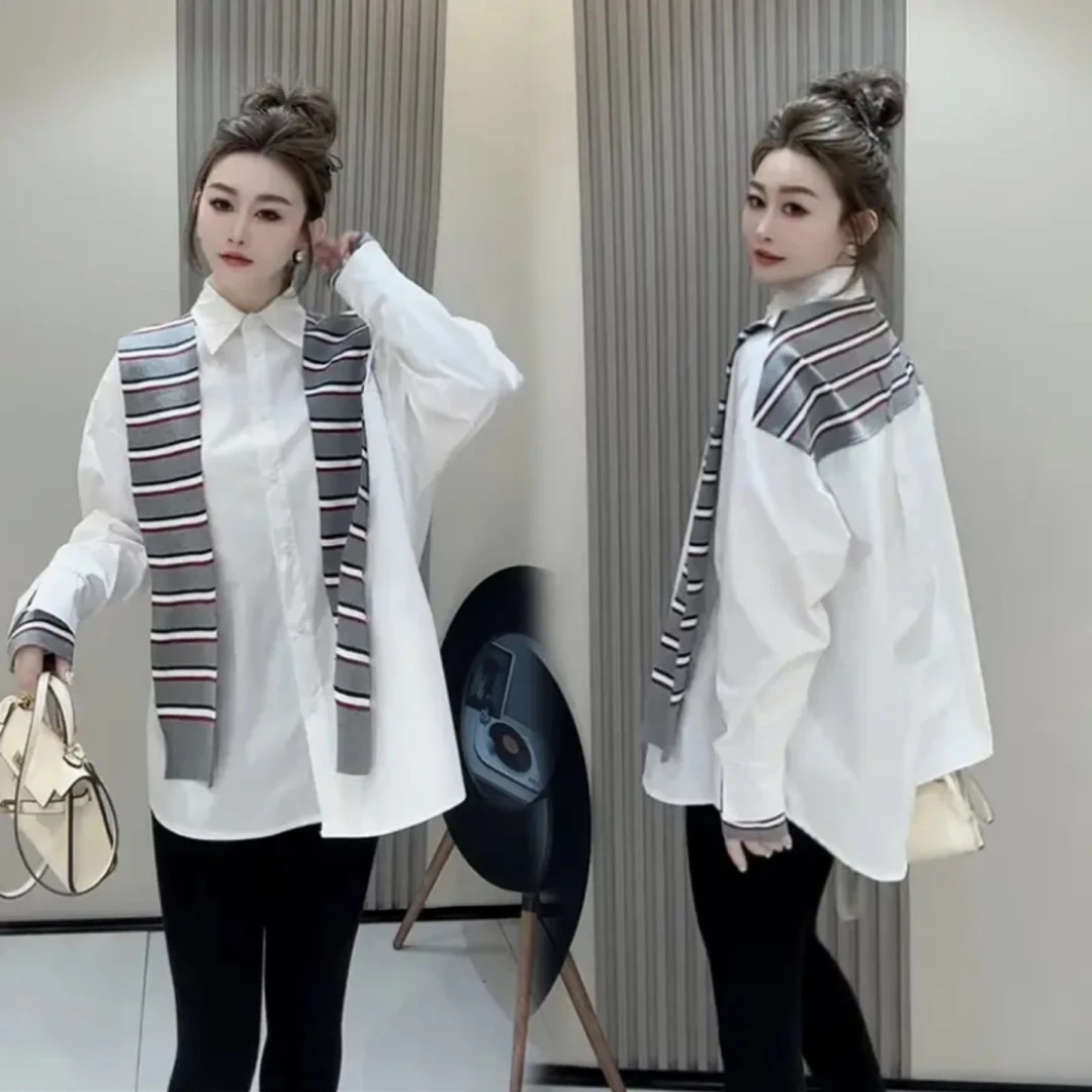 欧货时尚撞色条纹披肩白色衬衫宽松显瘦气质百搭上衣