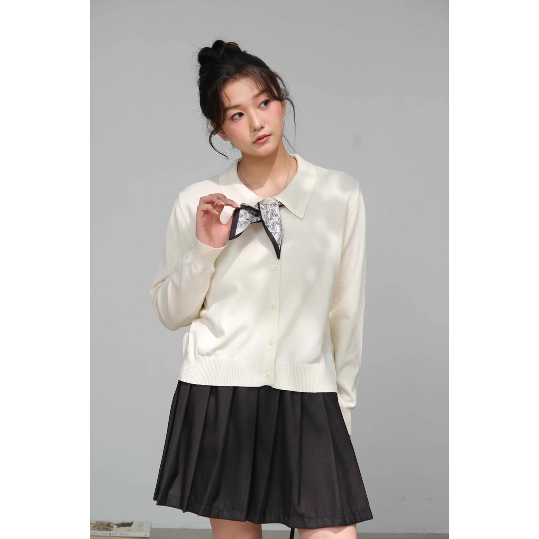 微胖MM时尚百搭秋季设计感POLO领丝带长袖开衫 6628