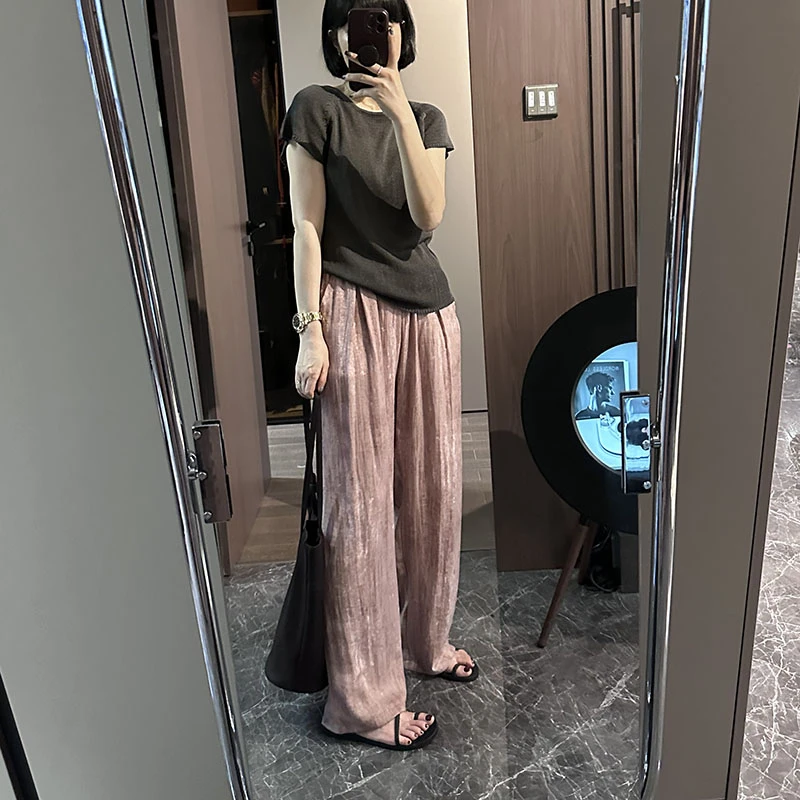 咔呐咪~棉麻褶皱小众设计感百搭垂感直筒拖地裤凉凉裤