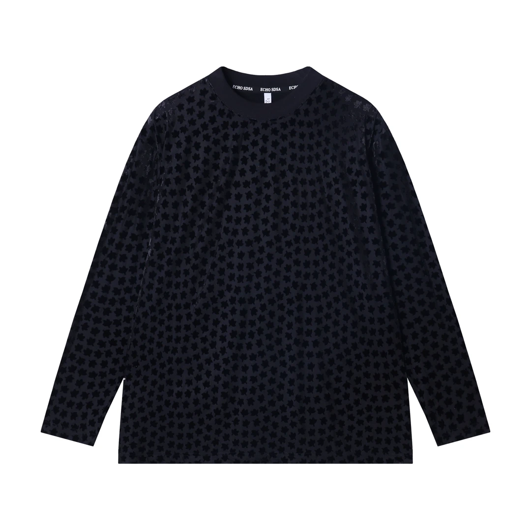 夏季高级感新款韩版撞色立体提花圆领长袖T恤小众设计显瘦上衣