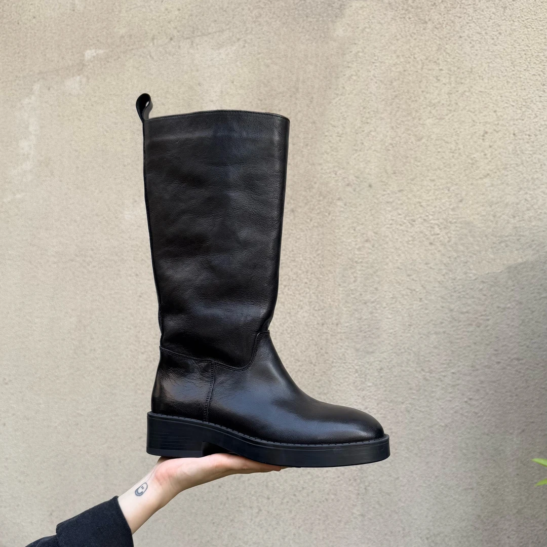【小刚懂鞋】2024秋冬真皮骑士高筒厚底女靴黑色羊皮手工皮靴1939-A